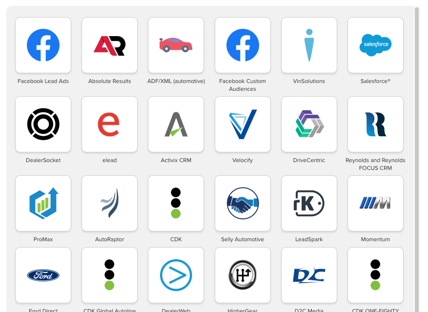 LeadsBridge integrations with Facebook Ads, Google Ads, TikTok Ads, and third-party automotive platforms