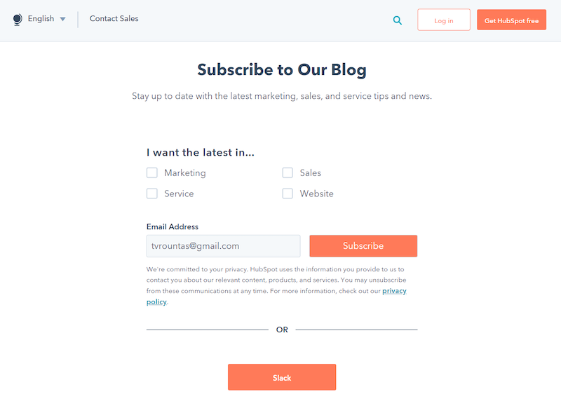 A good example of consent-based marketing: Hubspot's blog subscription form