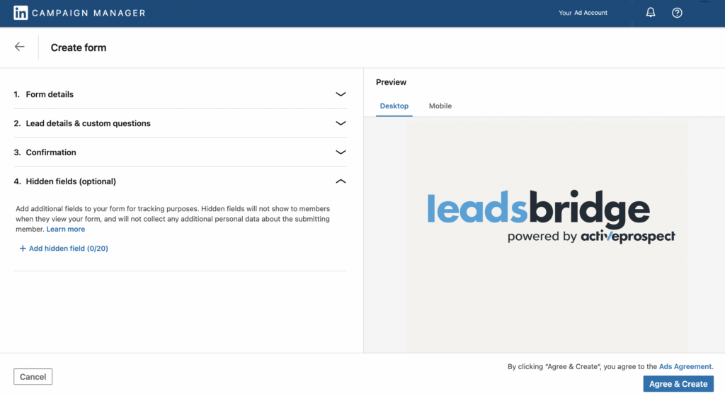 How to set up LinkedIn Lead Gen Forms - step 2: Create form