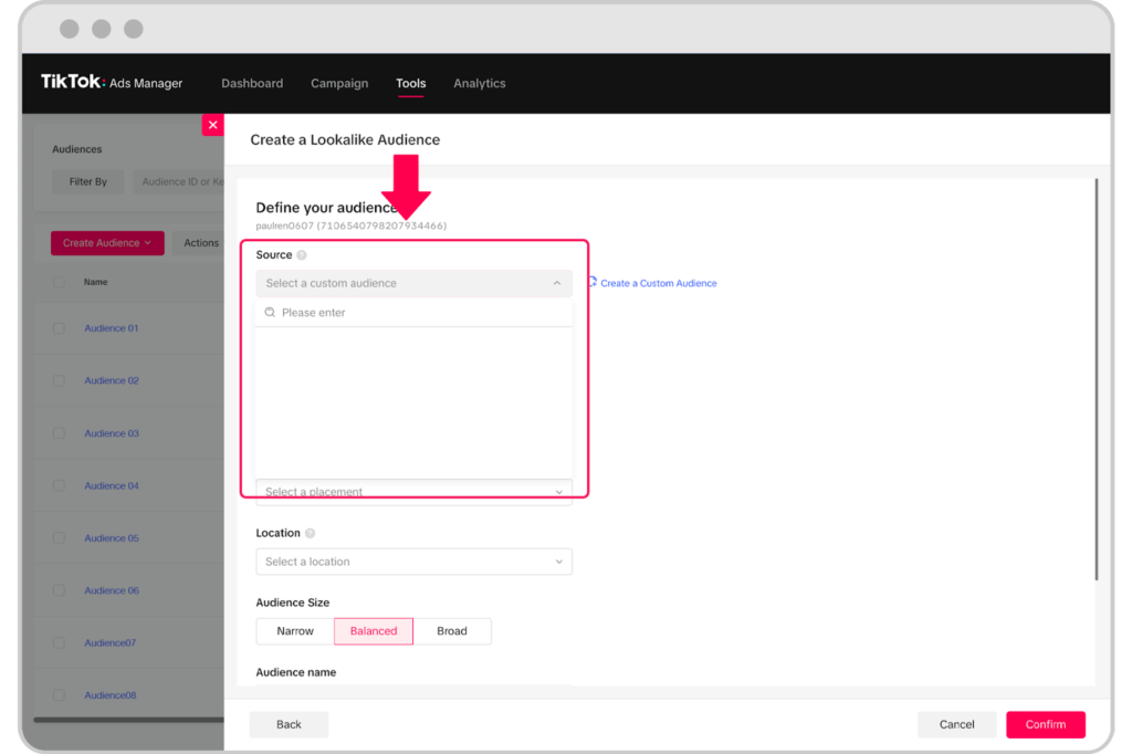 define a source for your lookalike audience on TikTok Ads