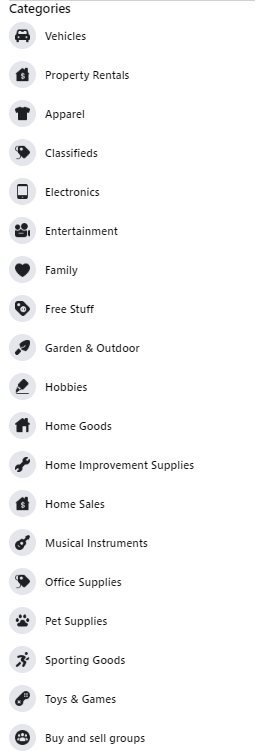 Facebook Marketplace ads categories