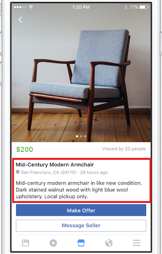 Facebook Marketplace Ads description example