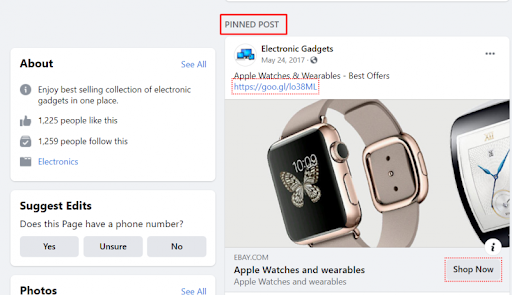 Facebook marketplace ads examples: Pinned Post