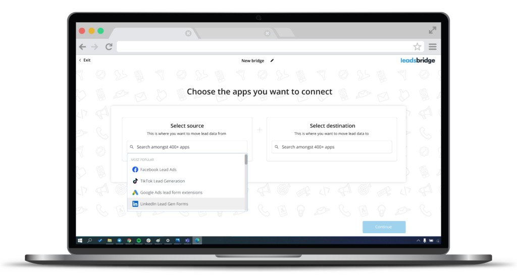 Select LinkedIn lead gen forms as the source of your bridge