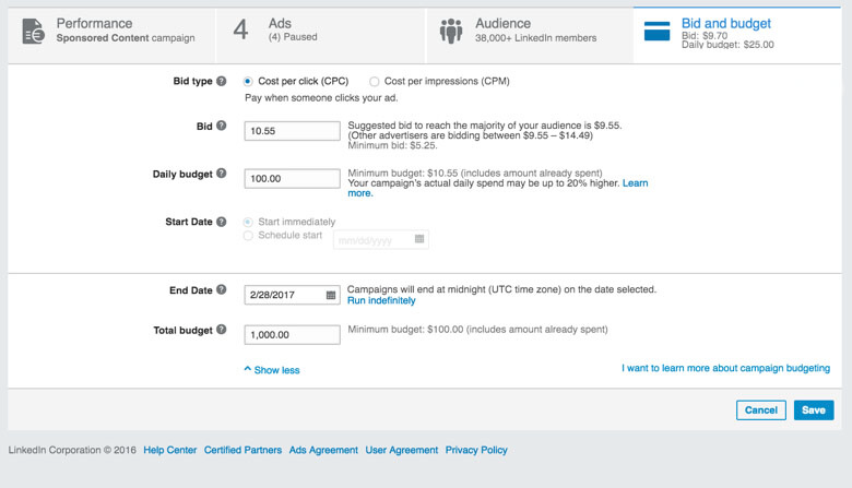 LinkedIn ads budget set up