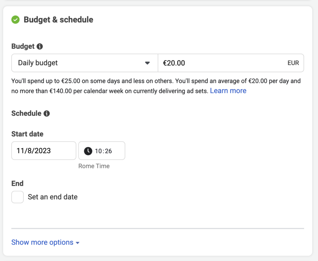 How to set up Facebook Lead Ads: Step 4: Configuring “Budget & Schedule”
