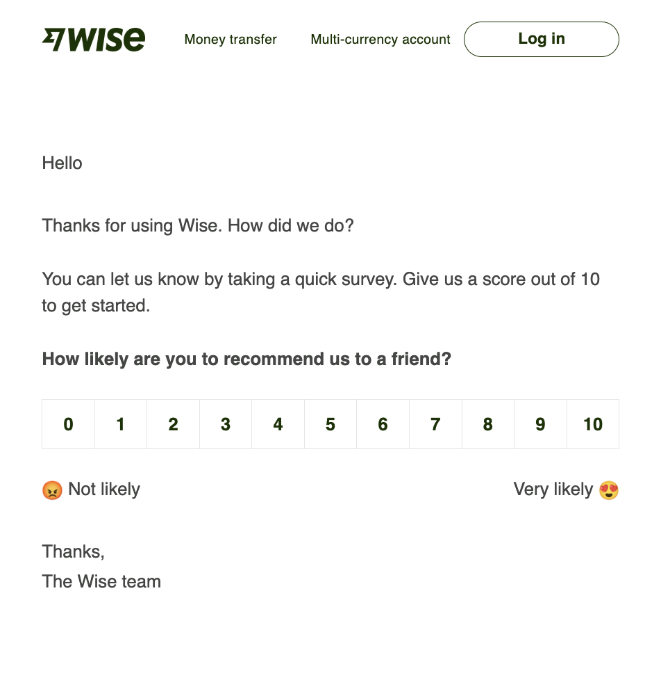 Feedback campaign automation example by Wise