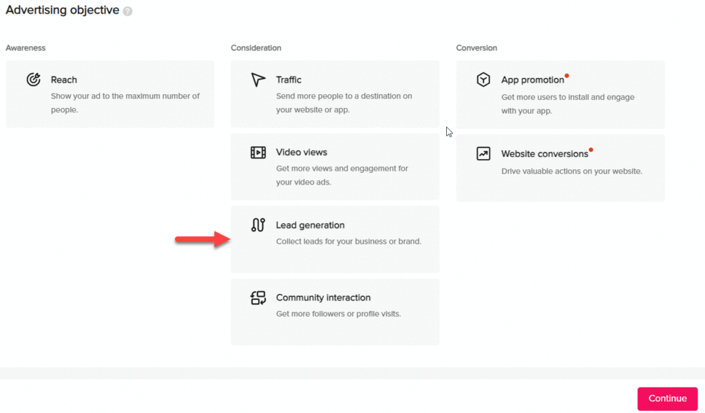 How to set up TikTok Lead Generation: Select lead generation objective