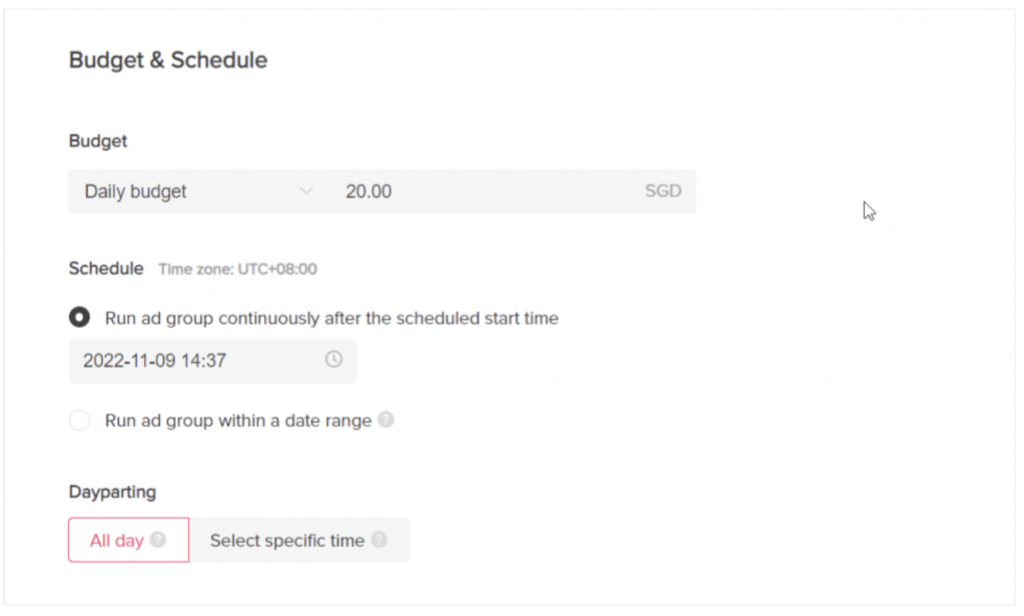 How to set up TikTok Lead Generation: Set ad group budget and schedule