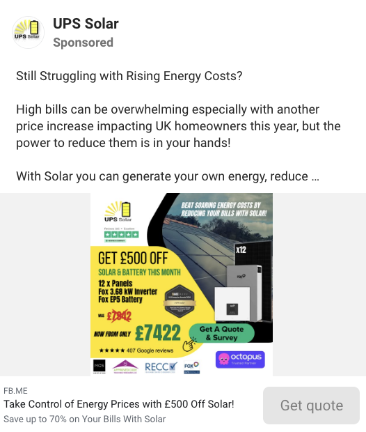 Solar lead ads Facebook example