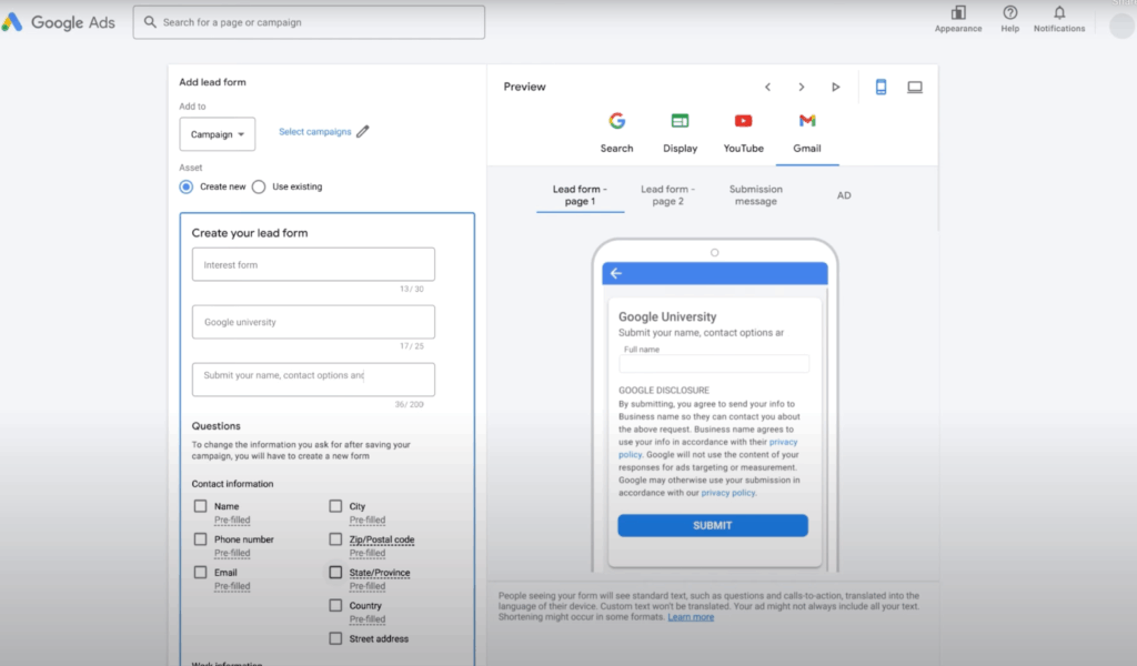 How to create a Google lead form extension: Add a headline, business name, and a description