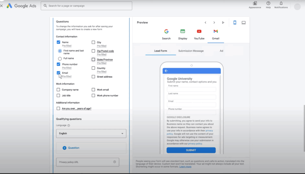 How to create a Google lead form extension: add questions