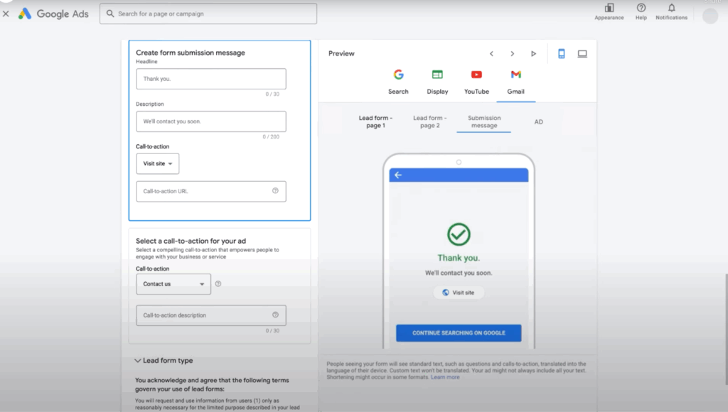 How to create a Google lead form extension: Set the submission message